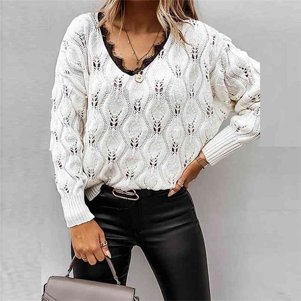 Casual V-Col V-Col Patchwork Pulls en dentelle Jumpers Femmes Hollow Out Lady Pull tricoté Automne Hiver Manches longues Tops Pull 210914