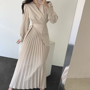 Casual V-hals Slanke taille Grootte Vrouwelijke Jurk Lente Elegante Volledige Mouw Vrouwen Geplooid Vestidos Dames Midi Jurk 210422