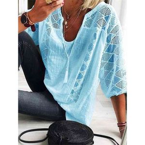 Casual V-neck Tassel Cotton Linen Blouses Women Spring Three Quarter Sleeve Lace Shirt Summer Loose Chic Plus Size Tops 210323