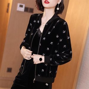 Abrigo de terciopelo informal Moda Otoño Cuello alto Estampado de cisne Chaquetas de béisbol sueltas Elegante Cremallera de manga larga Negro Outwear 211014