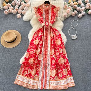 Casual vintage jurken vrouwen zomer nieuwe mouwloze print rapel vlinder mouw lange jurk Frans chic wilde vestidos