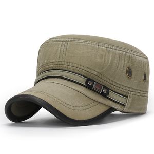 Casquette plate décontractée en coton délavé pour hommes et femmes, chapeaux militaires réglables avec bord en cuir, casquette de l'armée rétro pour cadets, quatre saisons