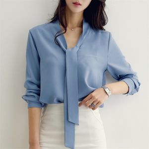 Décontracté blanc bleu en mousseline de soie OL chemisier petit haut Blusas Mujer De Moda 2021 chemisier à manches longues femmes Blusa Feminina femme hauts 210302