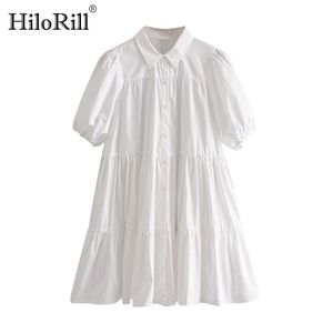 Casual White Mini Dress Dames Lantaarn korte mouw Vrouwelijke geplooide Turn Down Collar Plus Size Dames Es Robe 210508