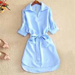 Casual White Tunic Woman Dress Summer Office Lady Chiffon Shirt For Women Short Sleeve Solid Sashes Fashion Vestidos 220613