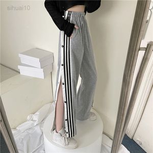 Pantalon décontracté à jambes larges pour femmes, nouvelle Version coréenne d'été, bouton, Design ample et fin, pantalon fendu, L220725