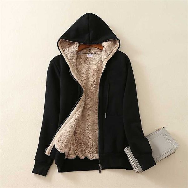 Casual Hiver Chaud Sherpa Doublé Polaire Zip Up Vestes Pour Femmes Solide Noir Manteau À Capuche Veste Polaire Femme Casaco Feminino 211109