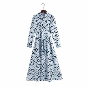 Casual vrouw blauw losse lange dot sjerpen shirt jurk lente mode dames gedrapeerd es vrouwelijke elegante A-lijn 210515