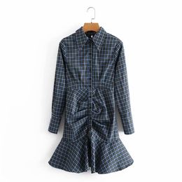 Casual vrouw blauw plaid geplooide katoenen shirt jurk lente mode dames knop korte es vrouwelijke onregelmatige 210515