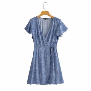 Casual Woman Blue V-hals ruches veters katoenen jurk zomer mode dames zachte mini es vrouwelijke chic a-line 210515