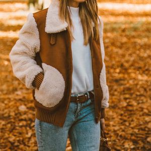 Casual vrouw bruin suède jas vintage dames herfst patchwork lalambswol jas vrouwelijke mode standaard kraag bovenkleding 210515