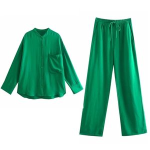 Casual vrouw groen losse shirt pak lente mode vrouwelijke solide lange mouwen set ladie zachte pakken 210515