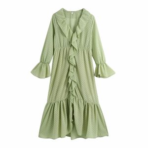 Casual vrouw groen oversized ruches v-hals chiffon lange jurk lente mode dames losse es vrouwelijke zoete 210515
