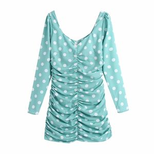 Casual Femme Vert Slim Dot V Col En Mousseline De Soie Mini Robe Printemps Mode Dames Plissée es Filles Sweet Party 210515