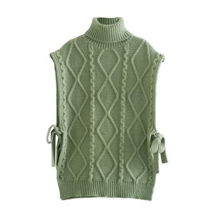 Décontracté femme vert col roulé laçage tricoté gilet printemps mode dames doux Crochet réservoir femme Streetwear tricots 210515