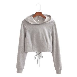 Casual vrouw grijs katoen backless korte hoodies lente mode dames zachte hooded trui grils Basic Sweatshirt 210515