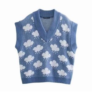 Casual Femme Lâche Nuages Bleus Col V Col Tricoté Gilet Printemps Mode Dames Pulls Sans Manches Filles Doux Tricots Doux 210515