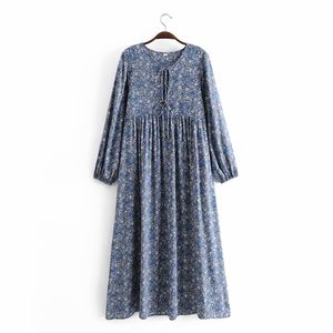 Casual vrouw losse blauwe bloemen katoen lange jurken lente mode dames oversized vakantie vrouwelijke zoete jurk 210515