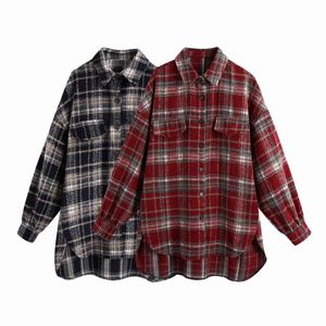 Casual vrouw losse front korte rug lange plaid shirt mode dames herfst extra grote bovenkleding vrouwelijke vintage jassen 210515