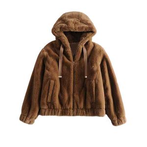 Casual mujer suelta con capucha Faux piel abrigo de piel de moda para mujer invierno cálido grueso Outwear hembra chic chaquetas de bolsillo de gran tamaño 210515