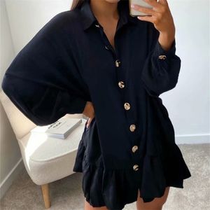 Casual Femme Lâche Bleu Marine Volants Chemise Robes Printemps Mode Dames Doux Mini Femelle Élégant Bouton Robe 210515