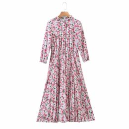 Casual vrouw roze print a-line chiffon lange jurk lente mode dames drawn jurken vrouwelijke zoete vakantie 210515