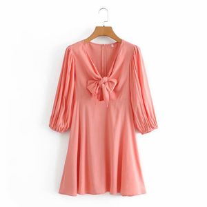 Décontracté femme rose col en V nœud coton Mini robe printemps mode dames manches bouffantes es femme douce a-ligne 210515