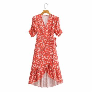 Casual vrouw rode onregelmatige sjerpen print jurk zomer mode dames bladerdeeg mouw lange es vrouwelijke v nek strand 210515