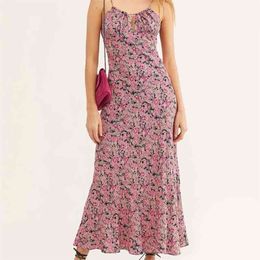 Casual vrouw slanke bloemen katoen spaghetti riem lange jurk zomer mode dames backless es vrouwelijke vakantie 210515