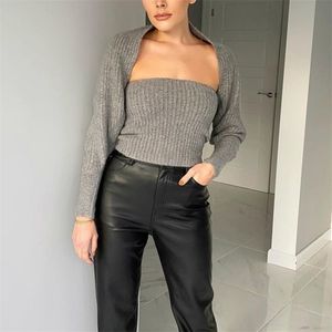 Décontracté femme doux court sans bretelles tricoté hauts automne mode dames basique Slash cou chandails femme gris Camisole 210515