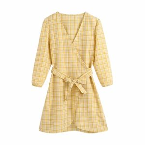 Décontracté femme jaune lâche Plaid col en V ceintures Mini robe printemps mode dames surdimensionné es femme douce 210515