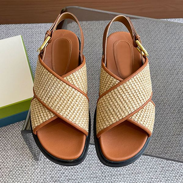Mujeres casuales Sandalia plana Moda de diseñadores de diseñadores de diseñadores de verano Summer Beach Straw Shoes Comfort Comfort Luxury Sandale Peep Toes Neutral Outdoors Zapatos Top Mirror Quality