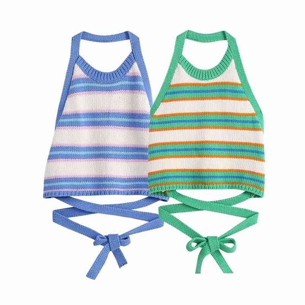 Casual Femmes Halter Bow Sling D'été De Mode Dames High Street Sexy Femme Dos Ouvert Rayé Haut En Tricot 210515