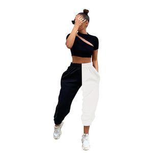 Dames Hip Hop Hoge Taille Joggingbroek Zwart Wit Patchwork Sport Broek Mode Casual Losse Lange Broek