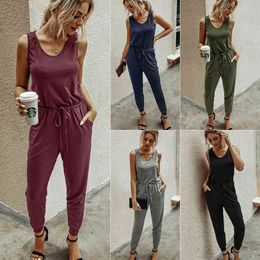 Casual Vrouwen Jumpsuits Zomer Solid O Hals Mouwloze Tank Romper Zwart Veter Riem Slanke Lange Playsuit Overalls voor Vrouwelijke 210507