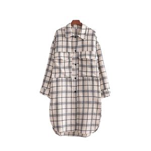 Casual Femmes Revers Simple Boutonnage Chemise Printemps Mode Dames X Long Minimaliste Femme Laine Plaid Top 210515