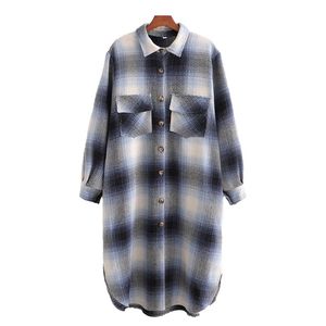 Casual vrouwen lang oversized grijsblauw plaid shirt jas mode dames zachte zak bovenkleding vrouwelijke chique x-lange blouse 210515