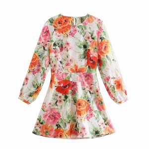Casual vrouwen o nek show taille jurk lente-herfst mode dames chinese stijl vrouwelijke bloem gedrukt mini 210515