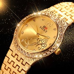 Watch pour femmes décontractées Ladies Quartz Crystal Luxury Montres riches et populaires en acier inoxydable Gold Strap Feminino Reogio