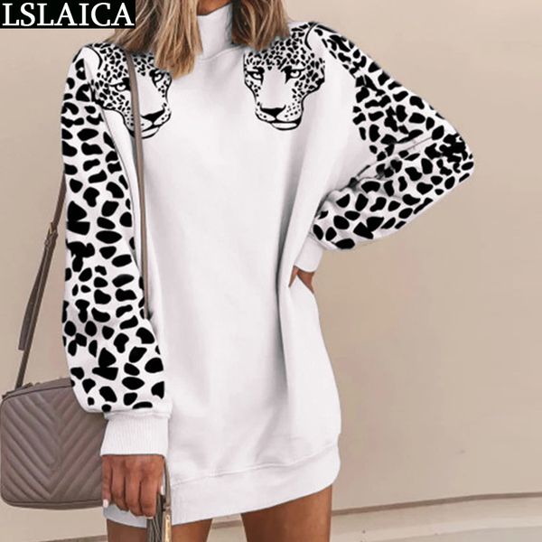 Sudadera informal para mujer con estampado de leopardo de manga larga de retazos de cuello alto Otoño Invierno blusa suelta de moda para mujer Pull Femme 210520