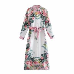 Casual vrouwen turn-down kraag boog kanten jurk lente-herfst mode dames chinese stijl vrouw gedrukt 210515