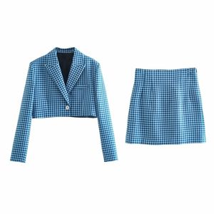 Casual vrouwen v-hals enkele knop jasje lente-herfst mode dames hoge straatjas vrouwelijke blauwe plaid korte blazer 210515