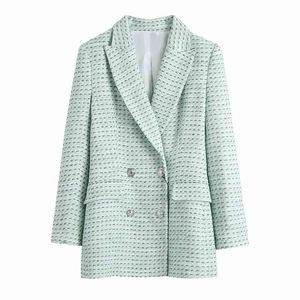 Casual vrouwen v-hals slanke jasje lente-herfst mode dames hoge straatjas vrouwelijke plaid textuur blazer top 210515