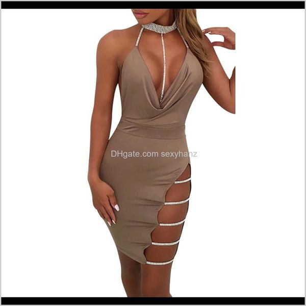 Casual Femmes Vêtements Vêtements Drop Livraison 2021 Robe de soirée sexy noire Mode d'été Col en V profond Halter Dos nu Ras du cou Fente Paillettes Bodyco