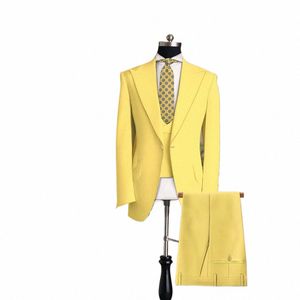 Costumes pour hommes jaunes occasionnels 3 pièces veste pantalon gilet bal de luxe blazer simple boutonnage revers slim fit style preppy 52yT #
