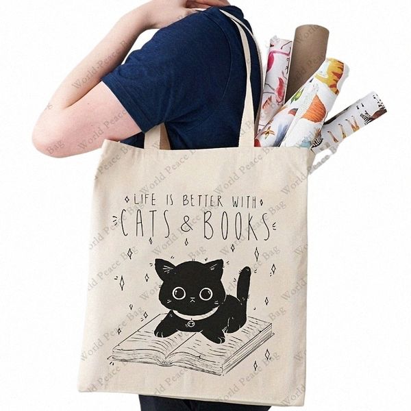 Bolsa de lona de patrón de gato y libro, bolso de hombro portátil con estampado de letras, bolsa de bolso de gran capacidad para la vida diaria M4VP#