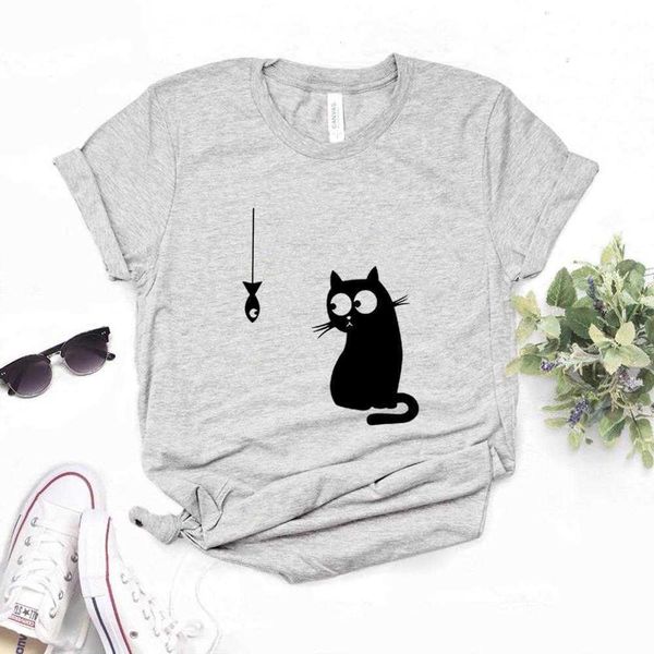 Camiseta con estampado de gato y pez para mujer, camiseta divertida informal para mujer Yong Girl Top 6