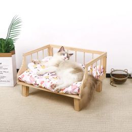 Lit pour chat nid lit pour chien en peluche lit en bois luxueux pour chat et chiot clôture semi-fermée pour éviter les chutes cintre de lit pour chat 240131