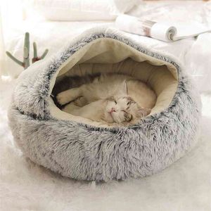Lit de chat rond en peluche maison chaude douce longue chien de compagnie pour petits chiens nid 2 en 1 coussin canapé de couchage 210924