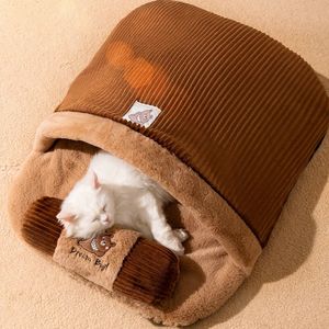 Lit pour chat hiver amovible chaud demi fermé sac de couchage pour animaux de compagnie lit pour chien maison chats nid coussin avec oreiller 240226